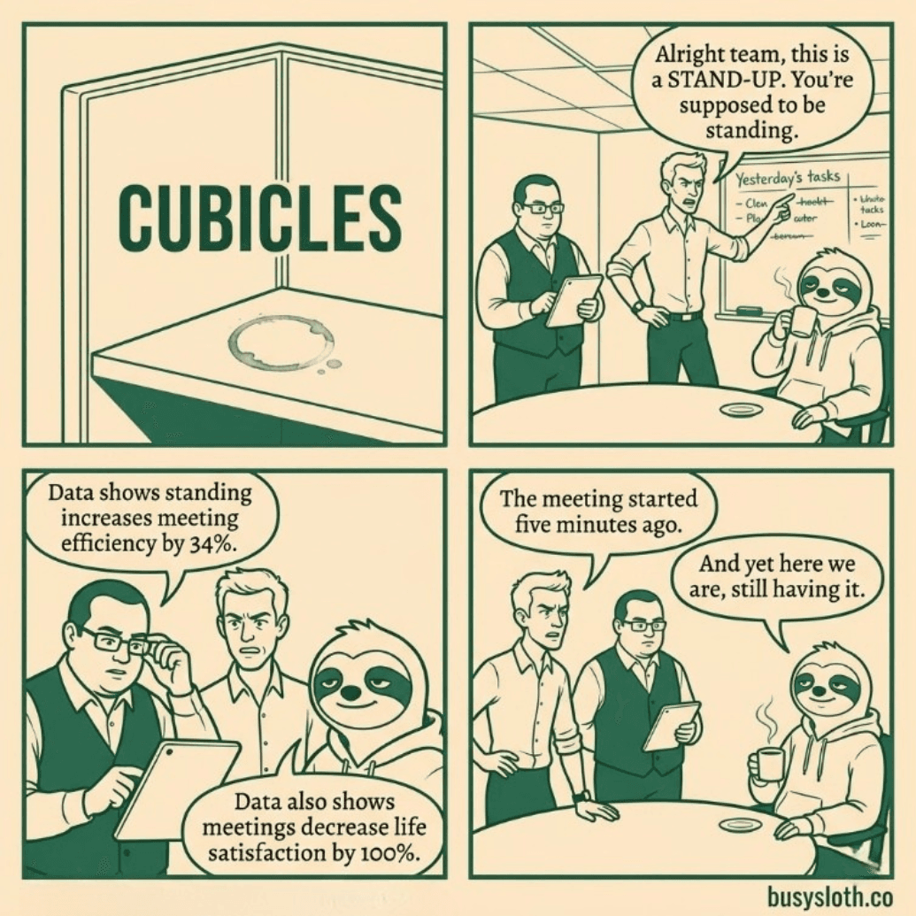 Cubicles comic strip — The Stand-Up: Moss refuses to stand during a stand-up meeting